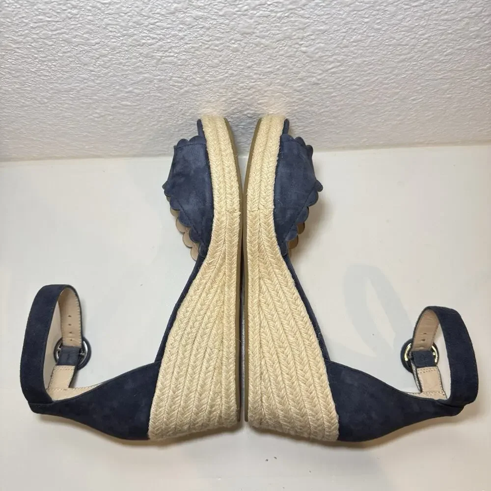 Pelle Moda Womens 9.5M Navy Suede Espadrille Wedge Sandals Scalloped Ankle Strap